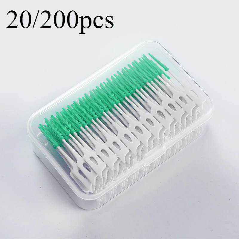 Interdental Silicone Brushes 200/20pcs Dental Toothpicks Brush Between Teeth Silicone Toothpicks with Thread Oral Cleaning Tools