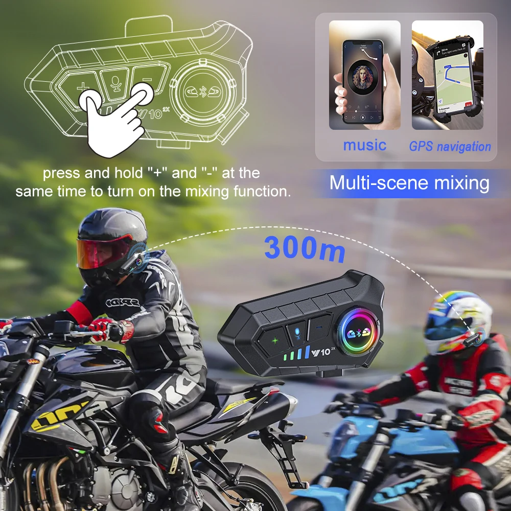 1/2x interfono de música Bluetooth 5,3 casco de motocicleta intercomunicador auriculares impermeable 300m reproducir música y llamadas simultáneamente