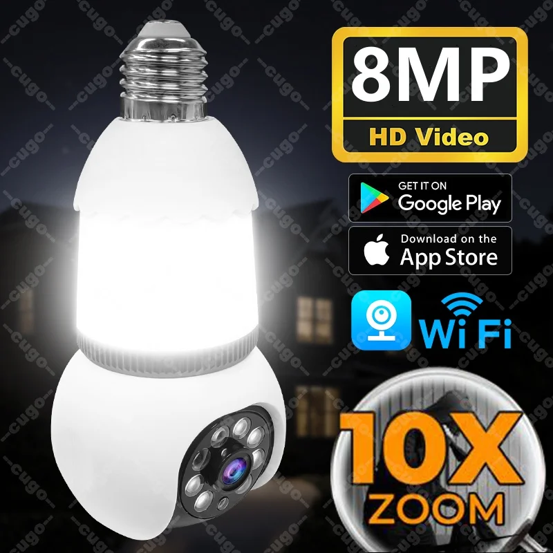 Cámara con bombilla E27 de 8MP con bombillas LED, cámara de vigilancia WiFi, seguimiento automático de IA, vídeo, Zoom 10X, cámara inalámbrica de visión nocturna a Color