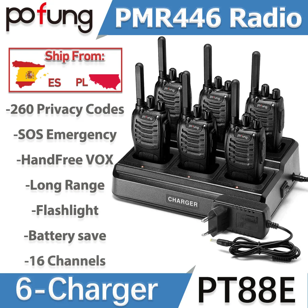 Pofung PT88E Walkie Talkie PMR446 Dwukierunkowe Radiotelefony 16 Kanałów Dalekiego Zasięgu z Ładowarką 6-krotną Słuchawkami VOX