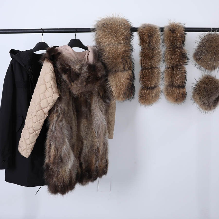 Maomaokong ธรรมชาติซับขนสัตว์ฤดูหนาวผู้หญิงเสื้อแจ็คเก็ตยาว Fox ขนสัตว์ Raccoon ขนสัตว์ Hooded หนาสีดํากันน้ํา Parkas