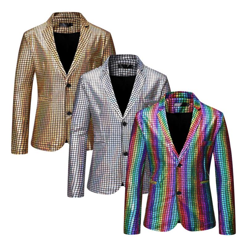 Blazers de lantejoulas masculinos brilhantes, jaqueta, roupas de Halloween, blazer de dois botões, smoking, discoteca, glitter, jantar