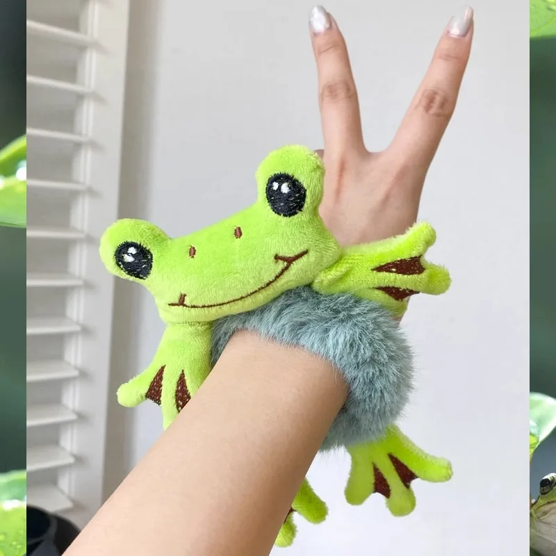 1 pçs círculo de cabelo menina sapo pelúcia verde círculo de cabelo coque bonito engraçado faixa de cabelo elástico scrunchies para mulheres rabo de cavalo penteado