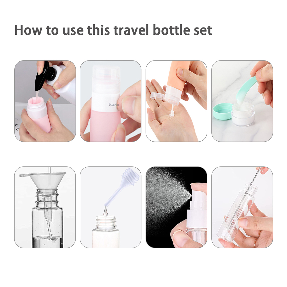 Paquete de 16 botellas de viaje a prueba de fugas, hechas de silicona, contenedores aprobados por TSA para artículos de tocador y acondicionador