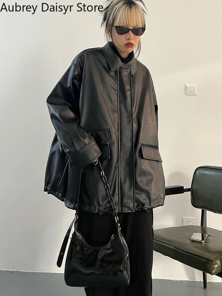 女性用ジッパー付きレザージャケット,ストリートウェア,ブラック,パンク,バイカー,ストリート,ヴィンテージ,カジュアル,2023