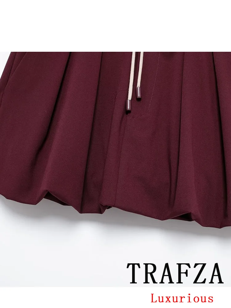 Trafza vintage casual chique borgonha vermelho feminino terno turn-down colarinho com zíper jaqueta cordão mini saia moda 2024 primavera terno