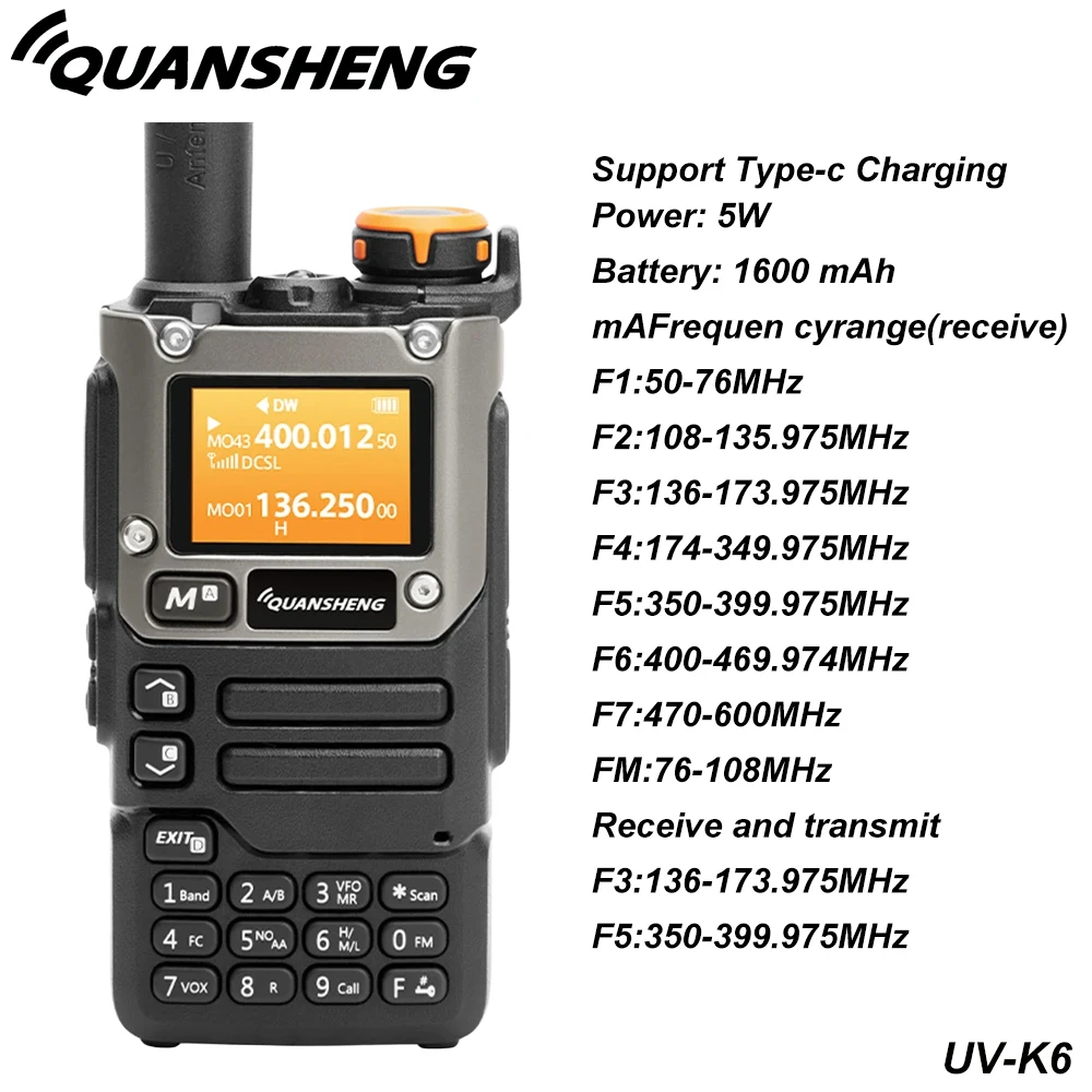 Quansheng UV-K5(8) Walkie Talkie 50-600 MHz banda completa tipo C cargador AM DTMF Scrambler NOAA FM UVK6 K5 Ham Radio bidireccional