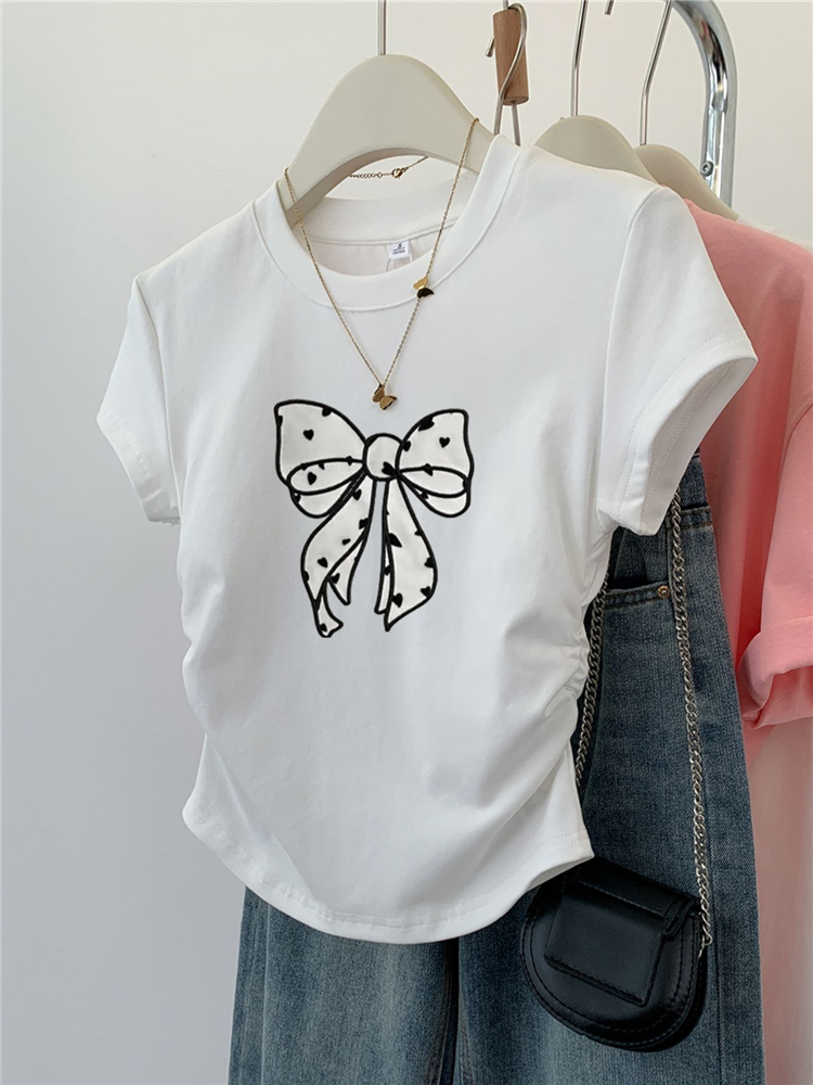 アメリカンスタイル半袖 Tシャツ女性のスリムフィットショルダーデザイン夏の新ファッショントップバタフライノットカジュアルウェア