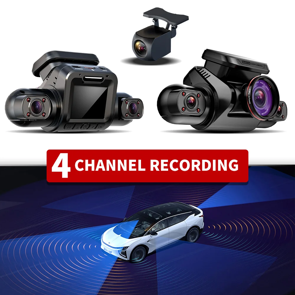 TiESFONG M8S 360 4 canales Cámara de salpicadero 4x1080 P con GPS para coche, grabadora de vídeo con visión nocturna IR, soporte 24H Monitor de aparcamiento, Tarjeta de 64 GB incluida