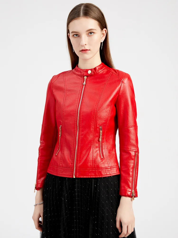 フェイクレザー女性コートフルスリーブラウンドネックスリムフィット固体セクシーなレギュラージャケットジッパーカジュアルスプライス Pu コートジャケット