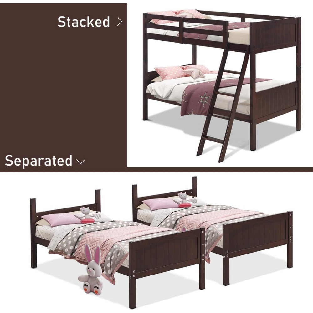 Bunk Beds Convertible 2 Individual Twin Beds, Solid Rubberwood Bunk Bed with Ladder and Safety Rail, Children Bed