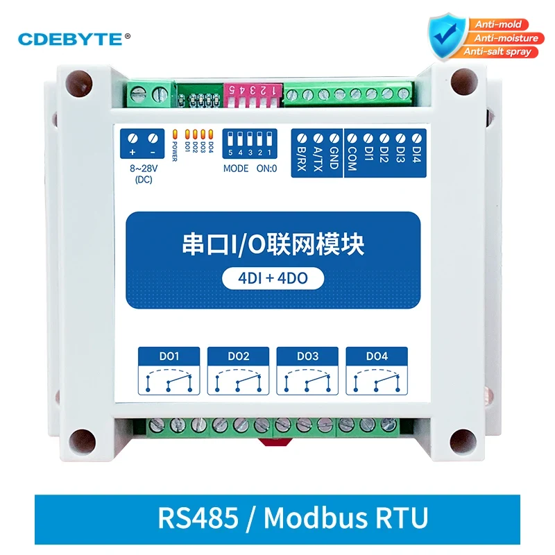 Modbus RTU-Steuerungs-E/A-Netzwerkmodule Serielle Schnittstelle RS485-Schnittstelle 4DI+4DO CDEBYTE MA01-AXCX4040 Schieneninstallation 8~28VDC IoT