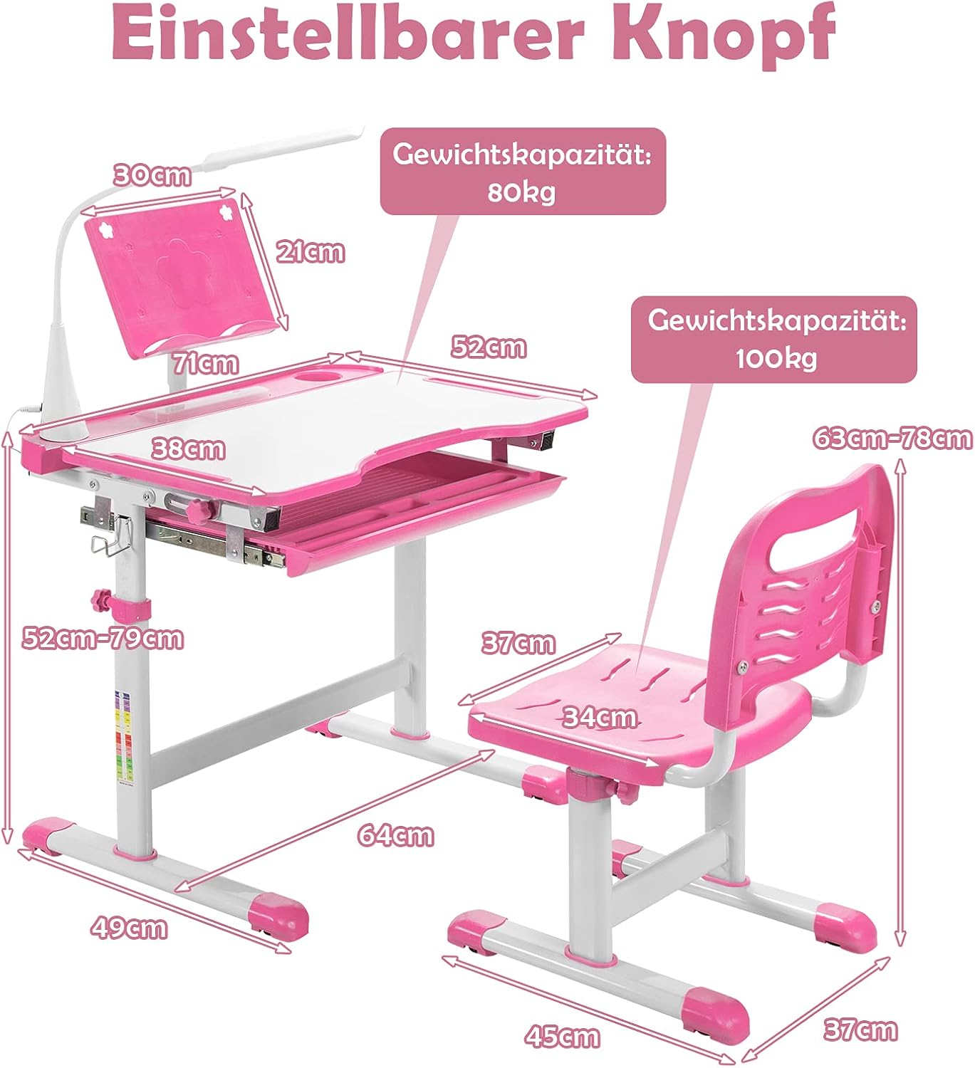 Kinder schreibtischset mit Stall und LED-Licht, höhen verstellbarer Kinder schreibtischs tuhl mit kippbarem Schreibtisch und Schublade, rosa