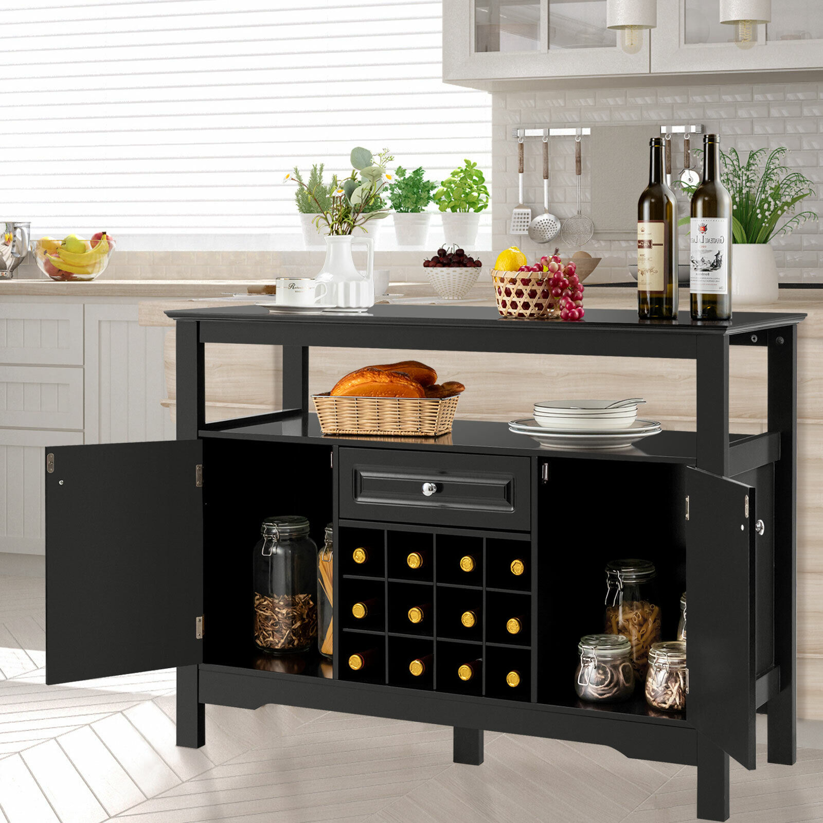 GOFLAME Wooden Storage Cabinet Freestanding Bar Buffet Sideboard with Wine Rack Drawer