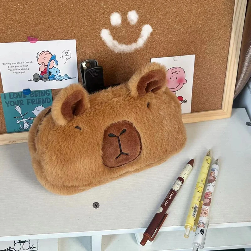 귀여운 플러시 Capybara 연필 보관 가방 만화 동물 펜 케이스 펜 가방 다기능 대용량 편지지 주머니