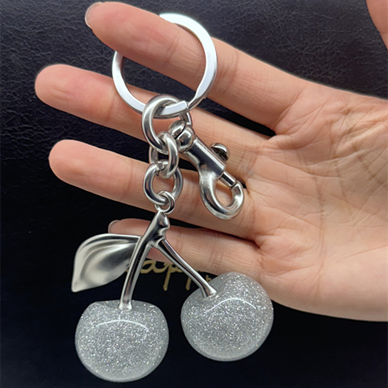 Fashion Glitter Silvery Cherry Keychain Summer Fruits Cherries Pendant Keyring For Coach Handbags Shoulder Bags Accessories Gift