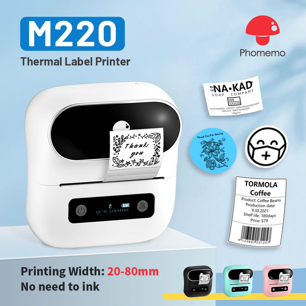 Phomemo M220 imprimante d'étiquettes 75mm fabricant d'étiquettes thermiques pour l'étiquetage d'adresse de code à barres étiquettes de dossier de fichier d'expédition pour téléphone et PC
