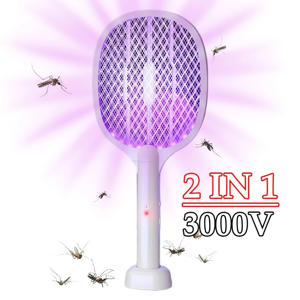 Handheld Electric Fly Swatter, Bug Zapper Racket, 2 in 1, USB Rechargeable, Mosquito Killer Lamp, Pest Control, 3000V