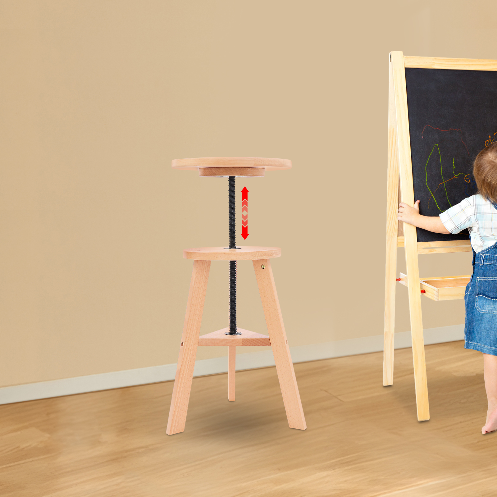 48-65.5cm Painting Stool with Adjustable Height, Artist Stool, Wood Bar Stool, Kitchen Stool for Galleries, schools, offices