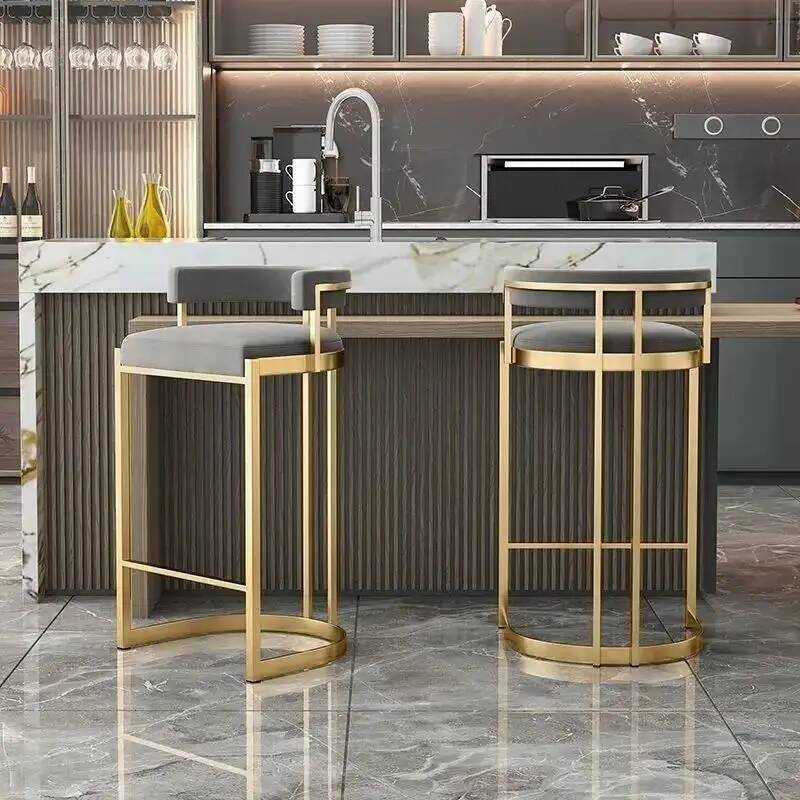 Back Kitchen Home Trendy Luxury Upholstered Bar High Chair Stool Curved Gold Modern Metal Frame Island Counter Dining Bar Stools