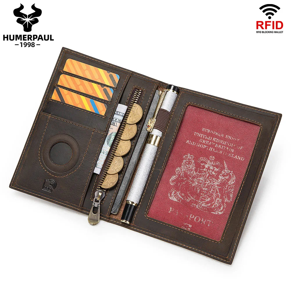 Humerpaul carteira de passaporte com airtag para viagens essenciais couro de cavalo louco rfid titular do cartão de crédito caneta capa saco de dinheiro