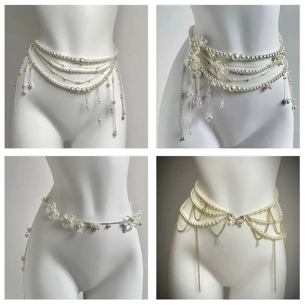 Cinturón de diseñador Y2K para mujer, joyería, cadena de cintura de perlas multicapa, moda Retro, accesorios para el cuerpo, cinturones de fiesta