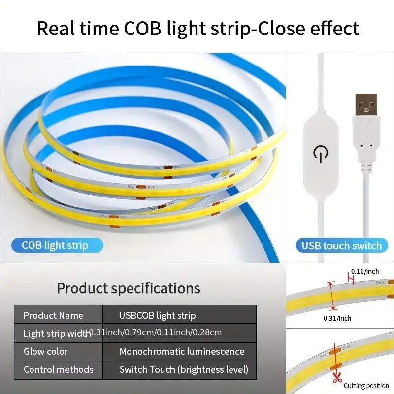 Cinta de diodo LED COB, tira de luces con Sensor táctil USB, atenuador de retroiluminación, cinta de 5V, lámpara de iluminación lineal de alta densidad DIY para decoración del hogar