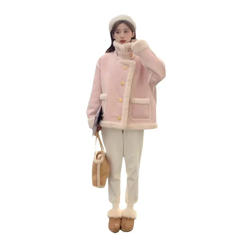 Parkas en laine d'agneau d'hiver pour femmes, vêtements double face, optique, manteau de sourire féminin, mode coréenne, style preppy mignon, veste à boutonnage simple