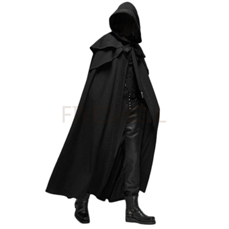 Mittelalterlicher Vintage-Umhang mit Kapuze, lockerer schwarzer Umhang, Mäntel, winddichter Graben, schicker Winter, langer Umhang, Poncho, Gothic, Herren, Mönch, Halloween, Cosplay