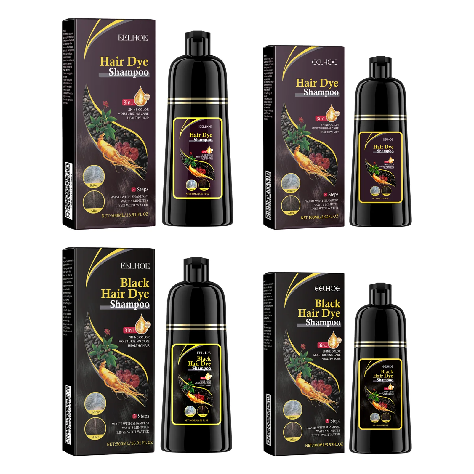 EELHOE 3-in-1-Haarfärbe-Shampoo zur Verdunkelung der Haare, reinigendes Haarfarbe-Shampoo Polygonum Multiflorum Growth of Hair Dye Shampoo 500 ml