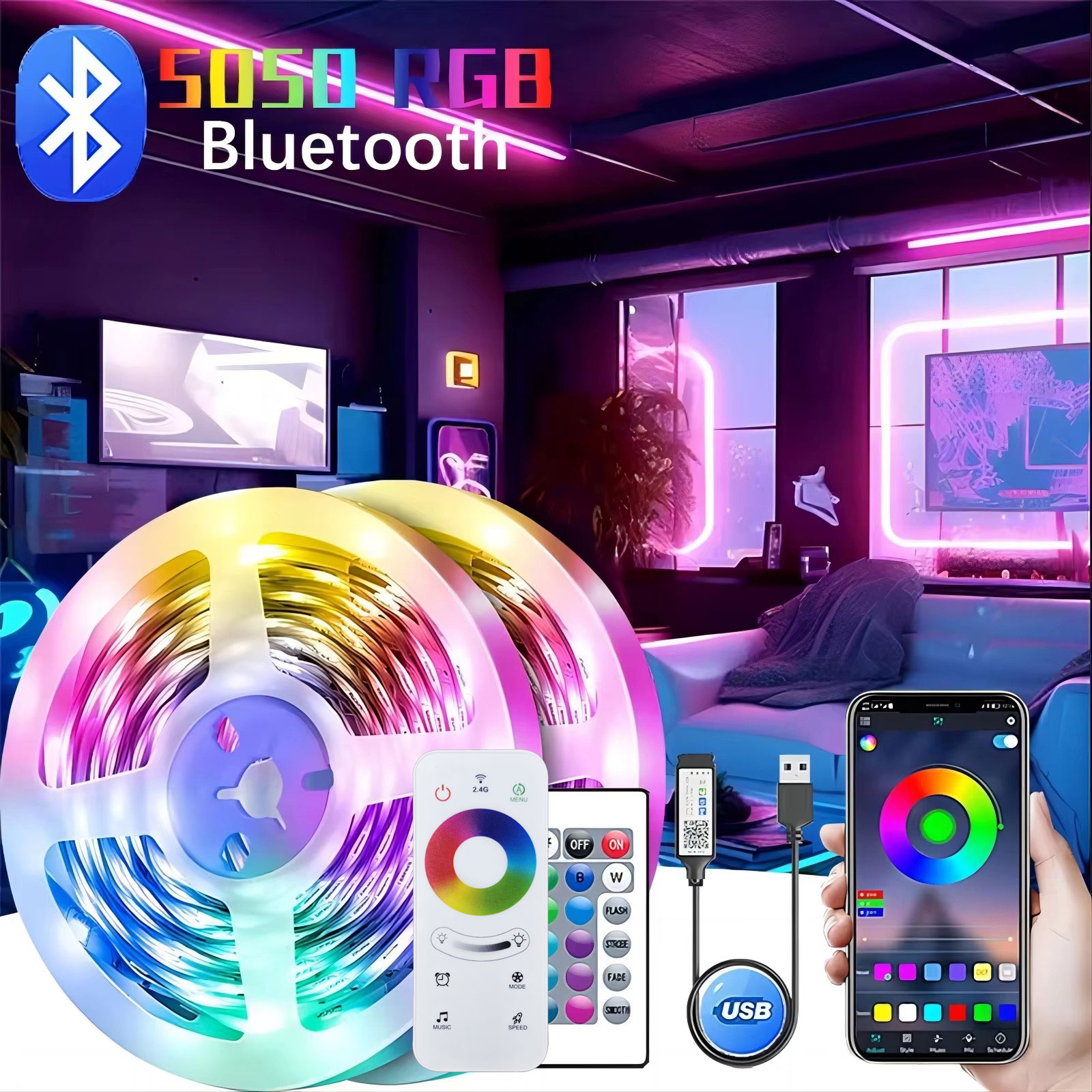 Tira de luces LED USB Color RGB 5050 lámpara LED Bluetooth cinta decoración de dormitorio 5V 5m 10m 15m 20m retroiluminación de TV para fiesta de Navidad