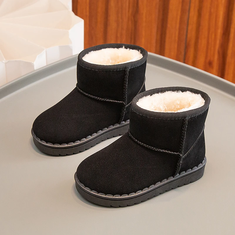 Crianças botas de neve estilo conciso de pelúcia grosso inverno crianças bota curta cor sólida deslizamento-on unisex clássico meninos meninas sapatos 23-36