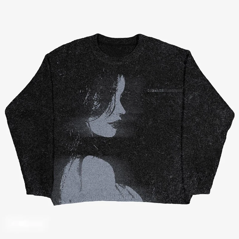 สเวตเตอร์แนวฮิปฮอปสำหรับผู้ชายเสื้อสเวตเตอร์ถักแบบสวมหัวทรงหลวมแนวสตรีทย้อนยุคเสื้อกันหนาวแขนยาวสไตล์ฮาราจูกุโอเวอร์ไซส์ Y2k วินเทจ