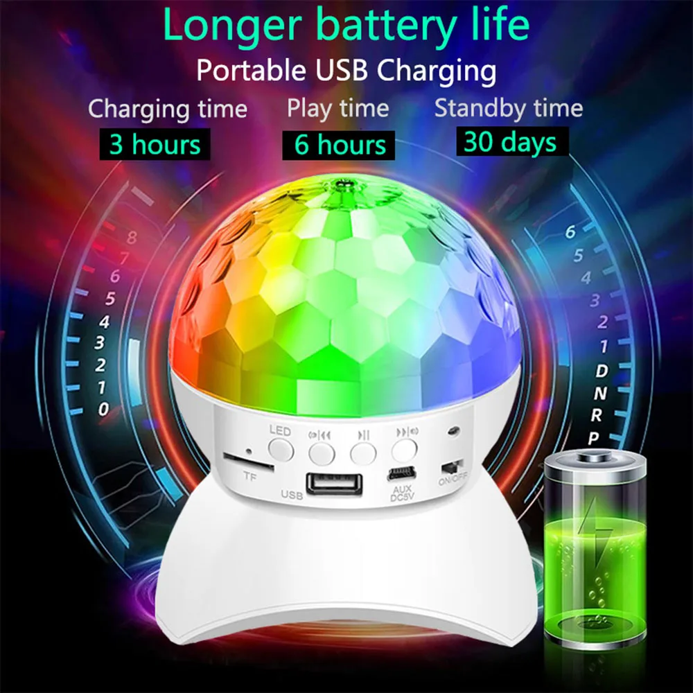 ลําโพงดีเจดิสโก้บอลไร้สายบลูทูธเพลงหมุนเวทีแสง RGB Strobe เลเซอร์โปรเจคเตอร์แบบชาร์จไฟได้ Party Light