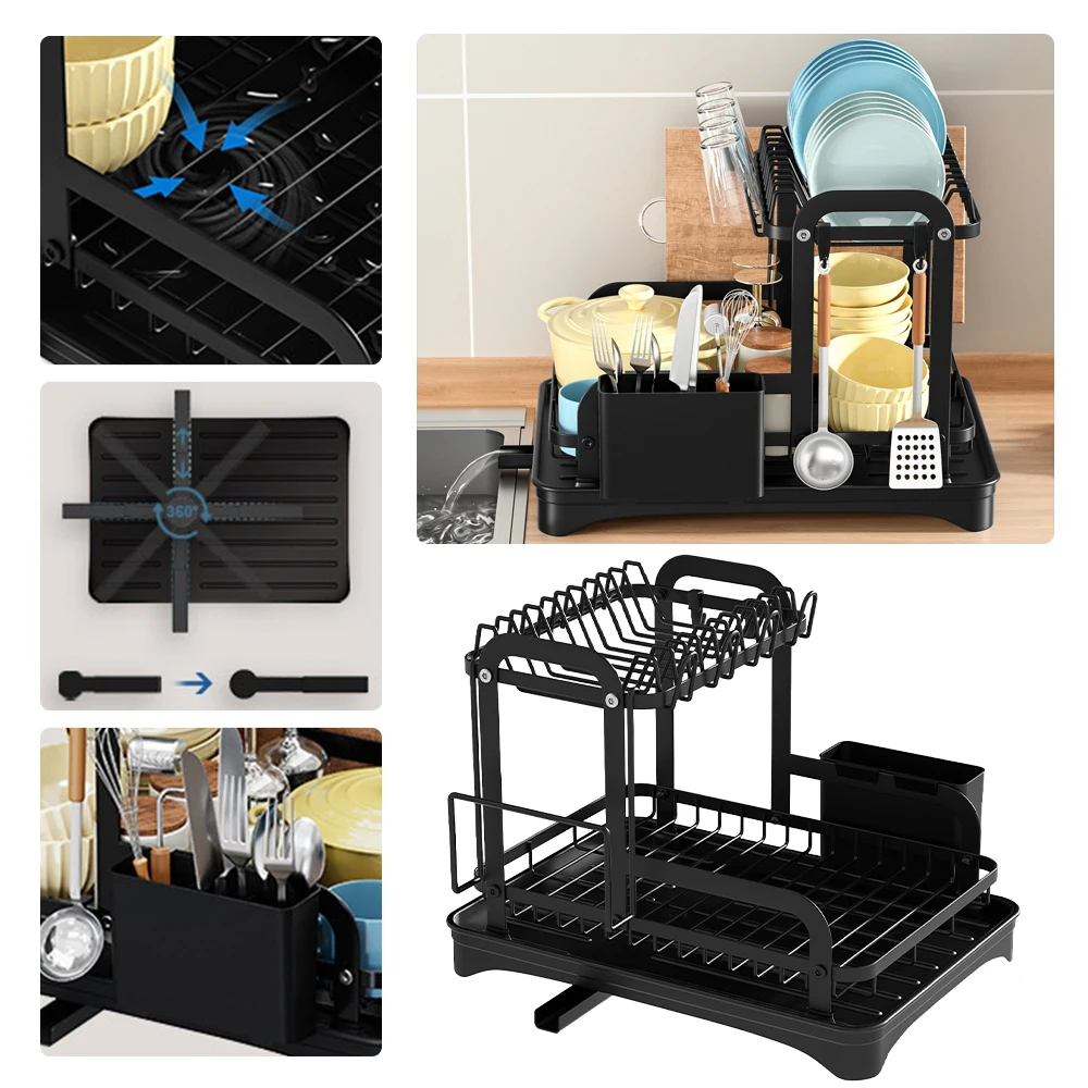 2 ชั้นจานชามDrainer Storage Rackห้องครัวจานDrying Rackพร้อมตะกร้าระบายน้ําเคาน์เตอร์อาหารเย็นOrganizer Drainboard