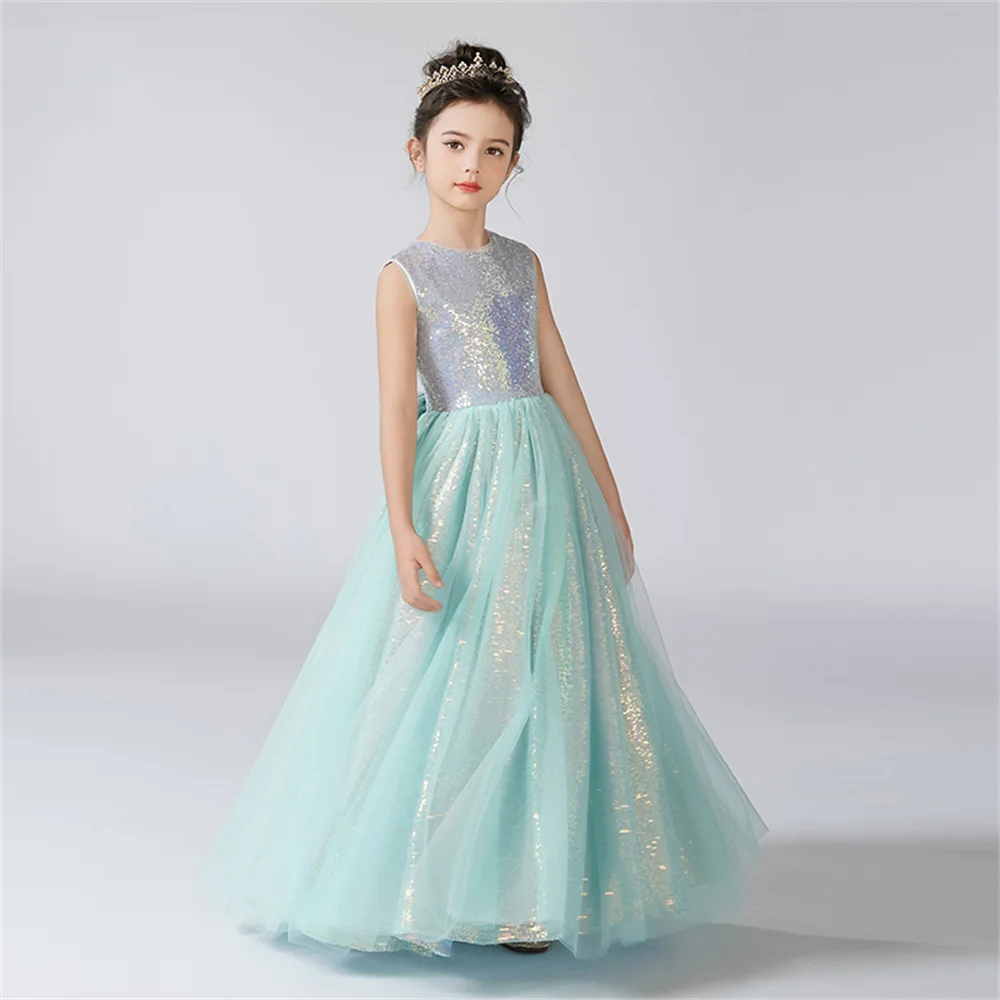 Robe en tulle à fleurs brillantes pour filles, robe à col rond personnalisée, fête d'anniversaire pour enfants, robe de princesse formelle