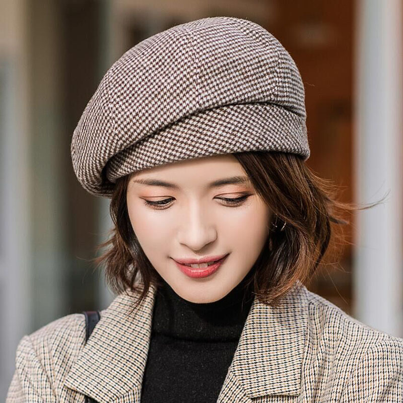 Prosty damski wełniany beret dla eleganckich damskich zimowych damskich bawełnianych czapek w kratę Vintage ośmiokątna codzienna jesienna czapka