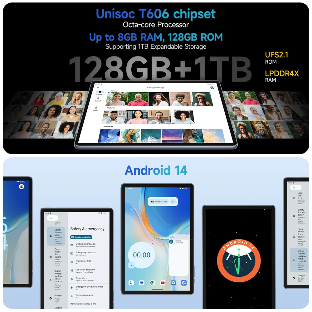 Ulefone tab w10 tablet 10.1 ''hd display 8gb ram 128gb rom 6600mah unisoc t606 android 14 tablet