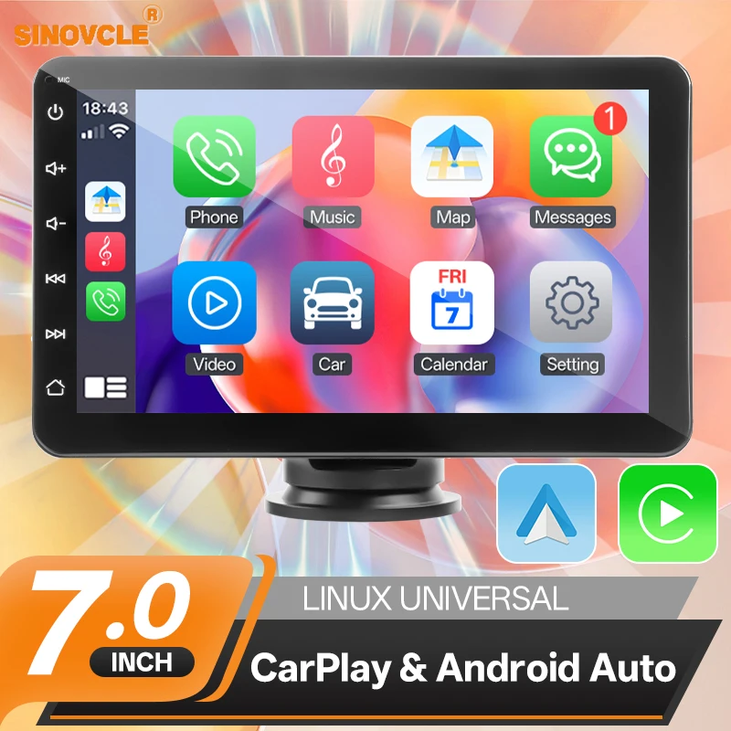 Sinovcle 7 "portátil sem fio carplay android auto rádio do carro reprodutor multimídia ips tela de toque aux usb bluetooth espelho link