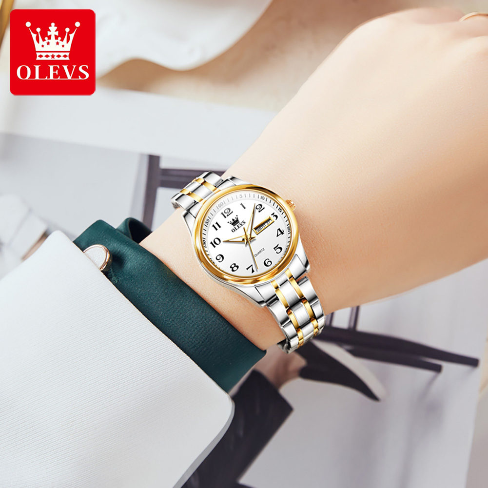 OLEVS Reloj de cuarzo de lujo para mujer, elegante reloj de acero inoxidable, luminoso, resistente al agua, reloj de pulsera con fecha semanal, reloj de vestir para mujer