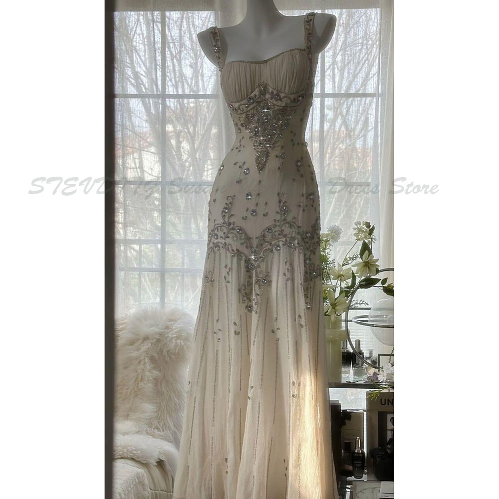 Vestidos de noite clássicos femininos, alça espaguete, linha, lantejoulas, cristais brilhantes, comprimento até o chão, alta qualidade, vestidos femininos de banquete