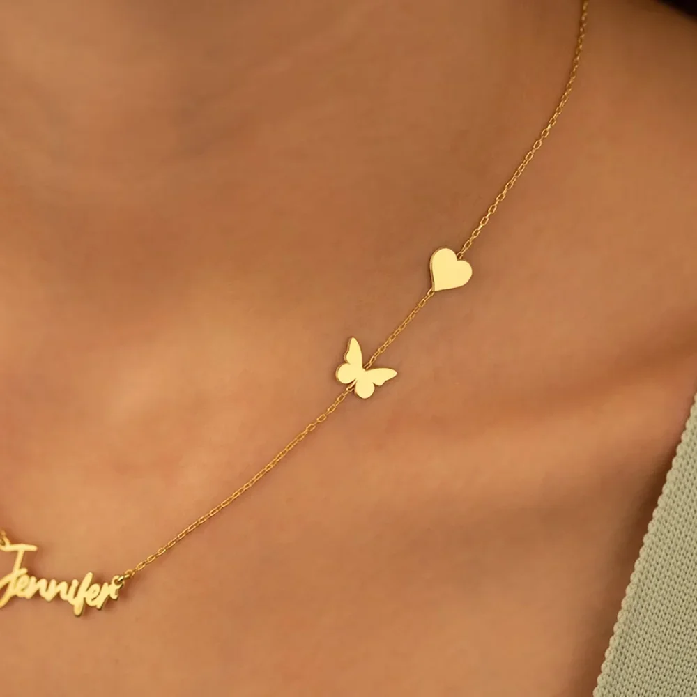 CUSTOM ชื่อสร้อยคอผู้หญิงผู้ชายเงินสแตนเลสสตีลหัวใจผีเสื้อจี้เครื่องประดับของขวัญขายส่งขายตรงใหม่