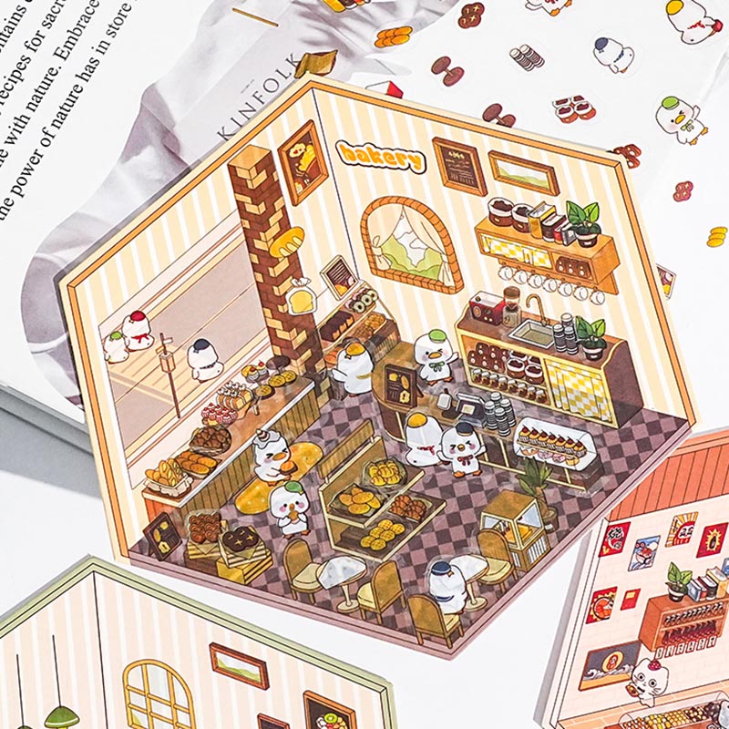 Card Lover 3 Pcs [Miniature Scene Series] 3D Three-Dimensional Cartoon Stickers Roastery Canteen Style Cute Journal Scene Deco