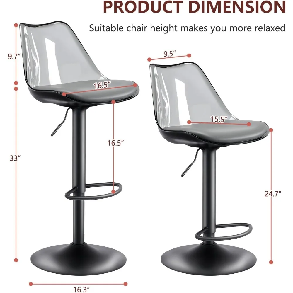 Modern Swivel Bar Stools Set of 2, Faux Leather Upholstered Counter Height Stools with Clear Acrylic Backrest, Adjustable Bar