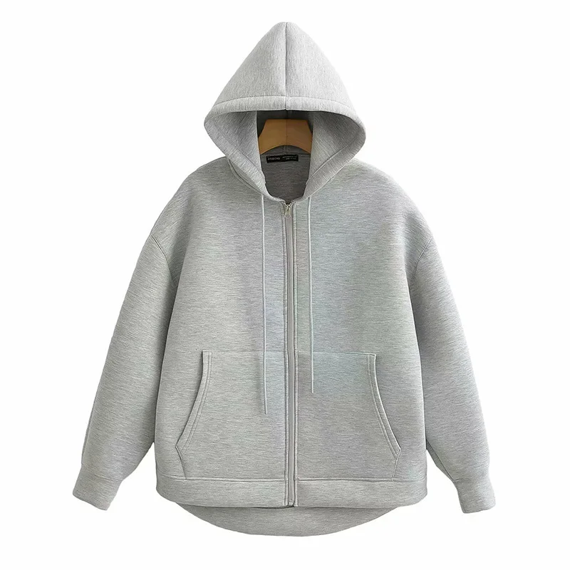Outono feminino jaqueta cinza com capuz manga longa grande bolso com zíper casaco mulher solta casual outerwear casaco topos