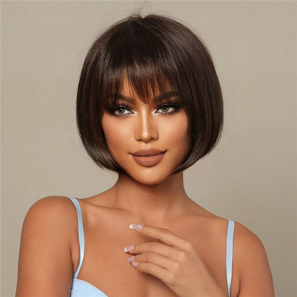 30% เส้นผมมนุษย์ผสมเส้นใยสังเคราะห์ผู้หญิง Bob สั้น Wigs ธรรมชาติสีน้ำตาลเข้มตรงวิกผมความร้อนทน Daily ใช้วิกผมคอสเพลย์