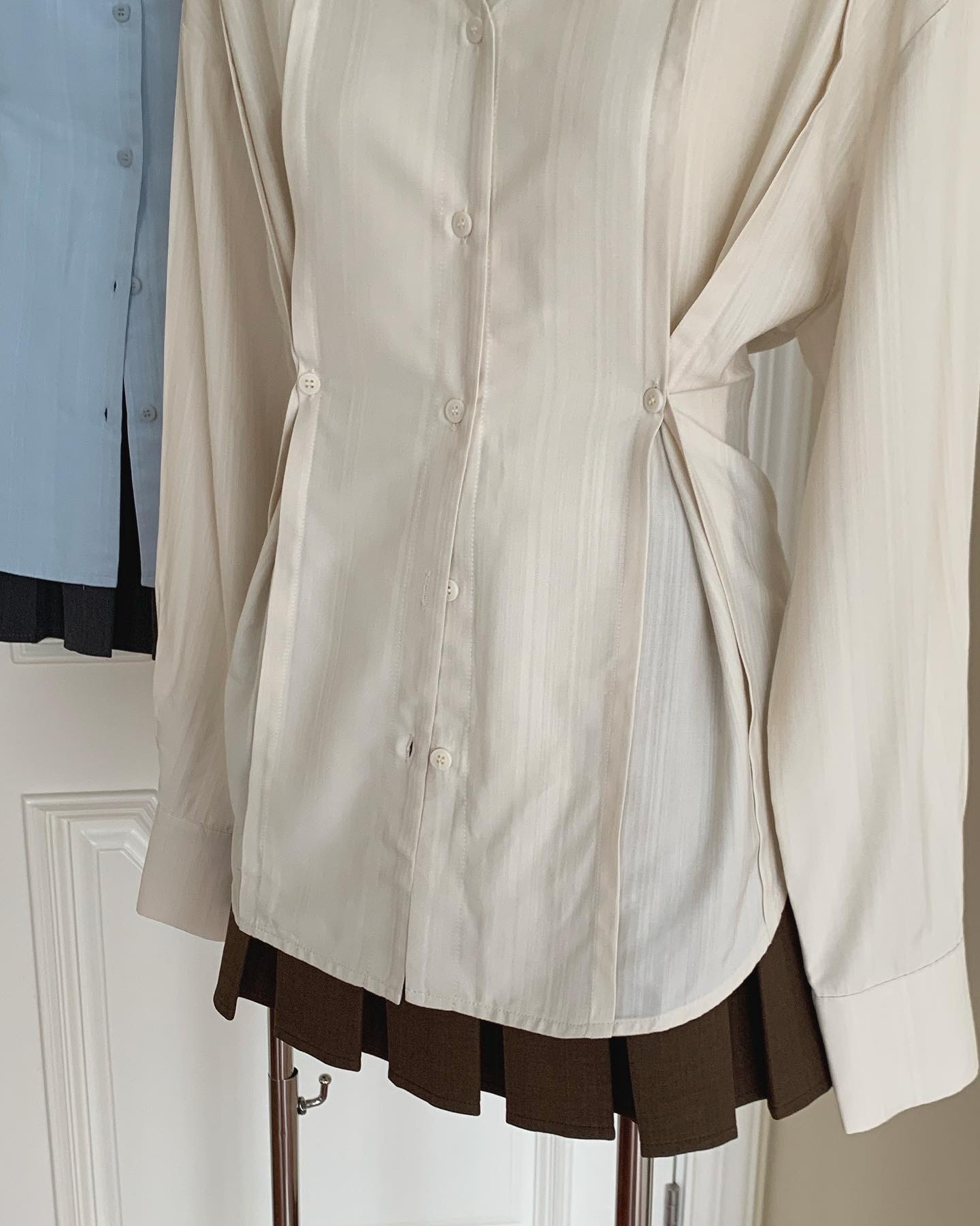 Maillard Blue American Vintage High Street อย่างเป็นทางการชุดเอวเสื้อออกแบบ Sense Lapel เผ็ดสาวปุ่มเสื้อด้านบน