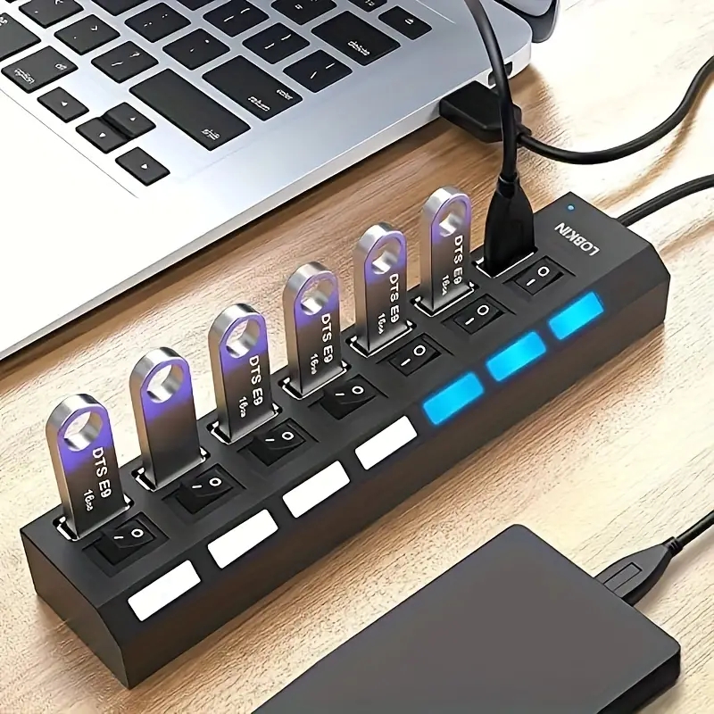 Adaptador expansor USB HUB 2,0 de alta velocidad, 4/7 puertos, divisor Multi USB, extensor múltiple con interruptor de lámpara LED para PC y portátil