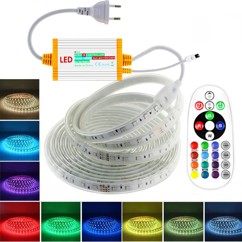 Tira de luces LED RGB de 220V, resistente al agua/multicolores/multimodos/lámpara de cuerda SMD5050 regulable con control remoto/enchufe europeo para construcción de jardín