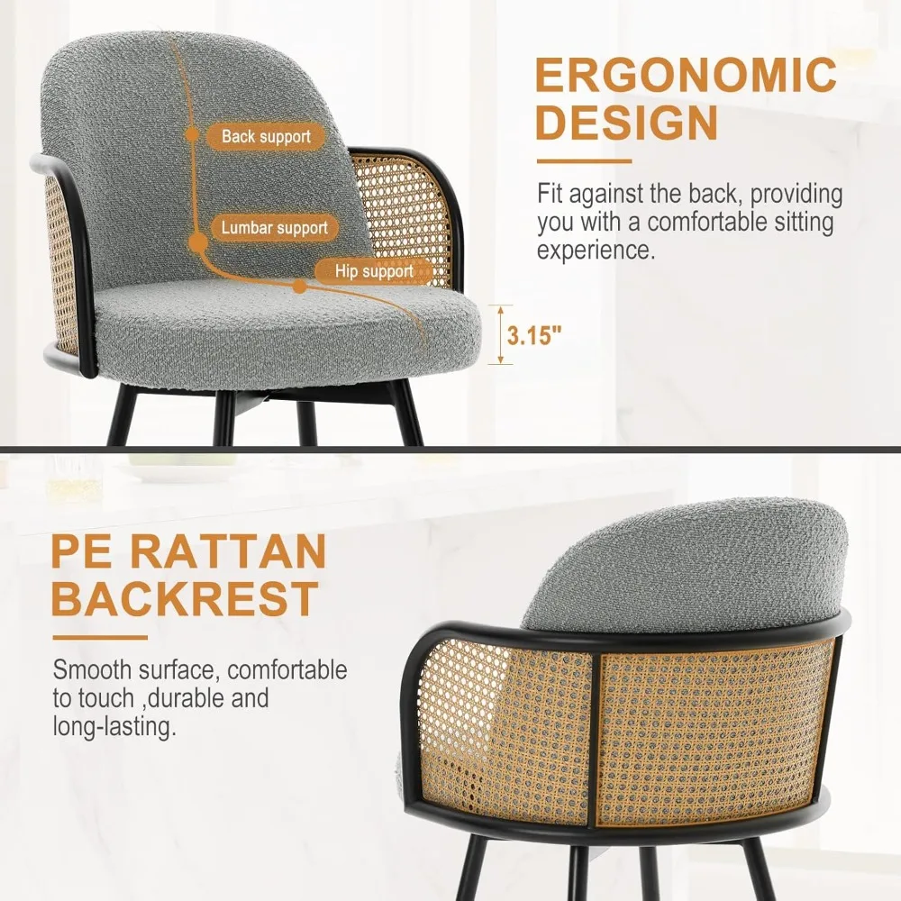 Counter Height Swivel Stools with Back, Boucle Fabric Upholstered Seat Counter Chairs, Modern Barstools with Metal Legs